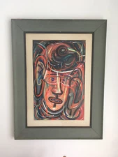Vtg Mid Century Abstract Expressionism Original Oil Painting Face Gamble 