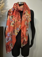 SHARCO 100% Indian Silk Long Scarf 100x180cm Red Floral Neck