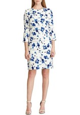 Ralph Lauren Floral Dress Women's Size 2 White Blue 3/4 Sleeves Lace Trim