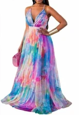 Women's Sexy Plunge V-Neck Spaghetti Straps Multicolor Tulle Swing Maxi Dress