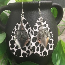 3  Silver-tone Charm  Leather Earring Set Drop Dangle New Free Ship A811