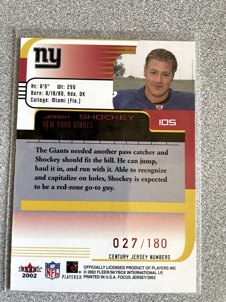 2002 Fleer Focus JE Jersey Numbers Century Jeremy Shockey Rookie Card /180 #105 - Image 2 of 2