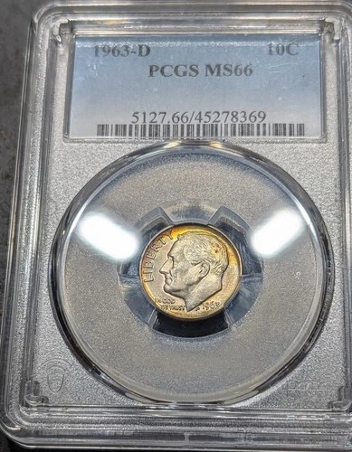 1963-D Roosevelt Dime Pcgs MS/66 Rainbow Toned Gem