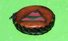 VINTAGE TOOLED LEATHER COIN POUCH PURSE WITH ZIPPER  PATCH NATIVE AMERICAN
