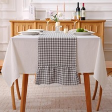 Grey White Plaid Gingham Ruffle Table Runner 120 inches Long Christmas 100 Wash