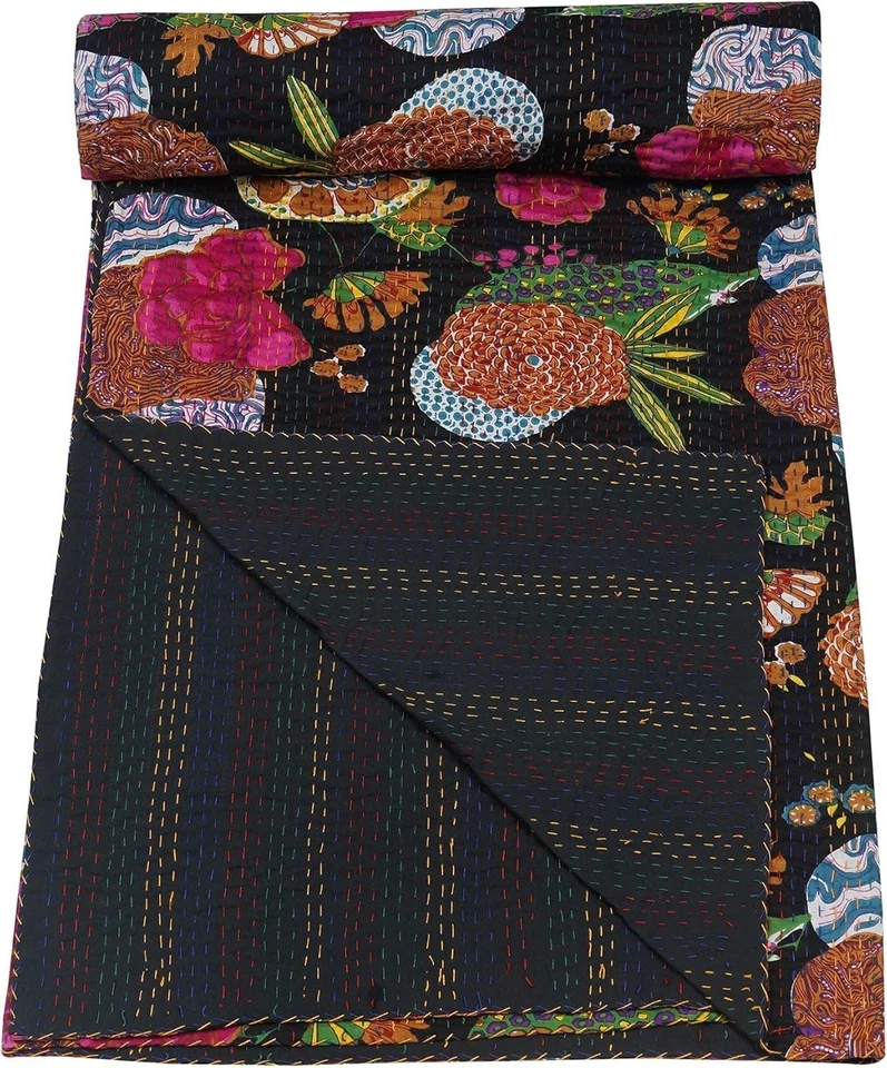Colcha India Tiro King Size Estampado Floral Negro Algodón Kantha Edredón Manta Foto 2 de 4