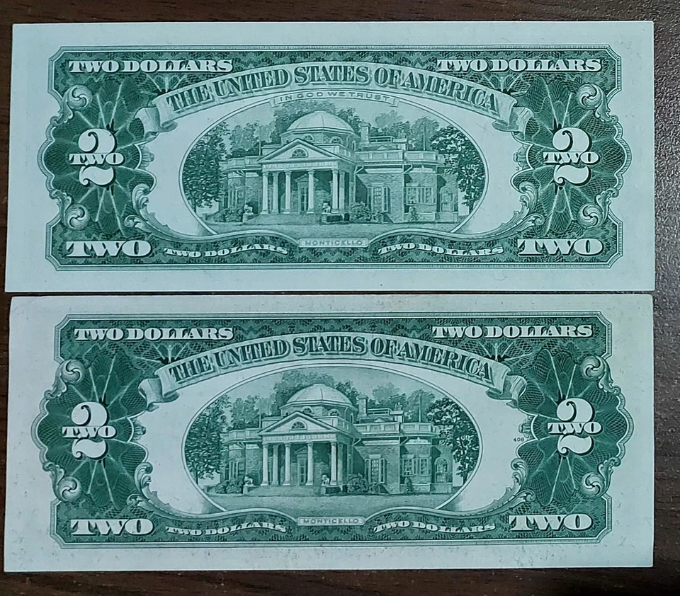 Set 2pcs 1953 - 1963 Two Dollar Bill Red Seal UNC-AUNC Random serial - Image 2 of 2