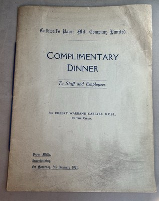 Caldwells Paper Mill Company, Fife - 1921 - Dinner and Dance Programm and Menu