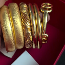 Gold Tone Metal Bangle Bracelet Set, Assorted Textured Designs, No Stone