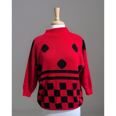 MARLENE Sweater Womens L 80s Red Black Polka Dot Checker Funky Abstract USA