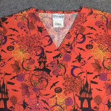 UA Scrubs Halloween Scrub Top Orange Purple Witch Castle Bats Women's Medium