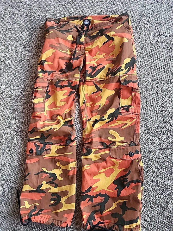 Rothco Camo Cargo Pants Sz XS Paratrooper Drawstring Waist Orange Y2k Raver 90s - Image 3 of 4