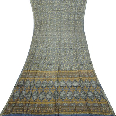 Vintage Blue Sarees 100% Pure Silk Printed Zari Border Sari 6YD Craft Fabric