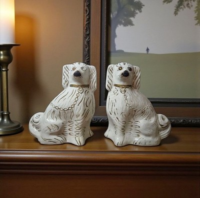 Large Antique Staffordshire Mantel Spaniel Dogs Pair White Gold 12'' King Charles