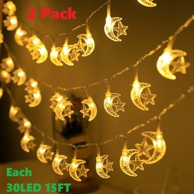 2 Pack Moon Star String 30 Led 15FT Warm Lights Fairy Ramadan Xmas Wedding Decor