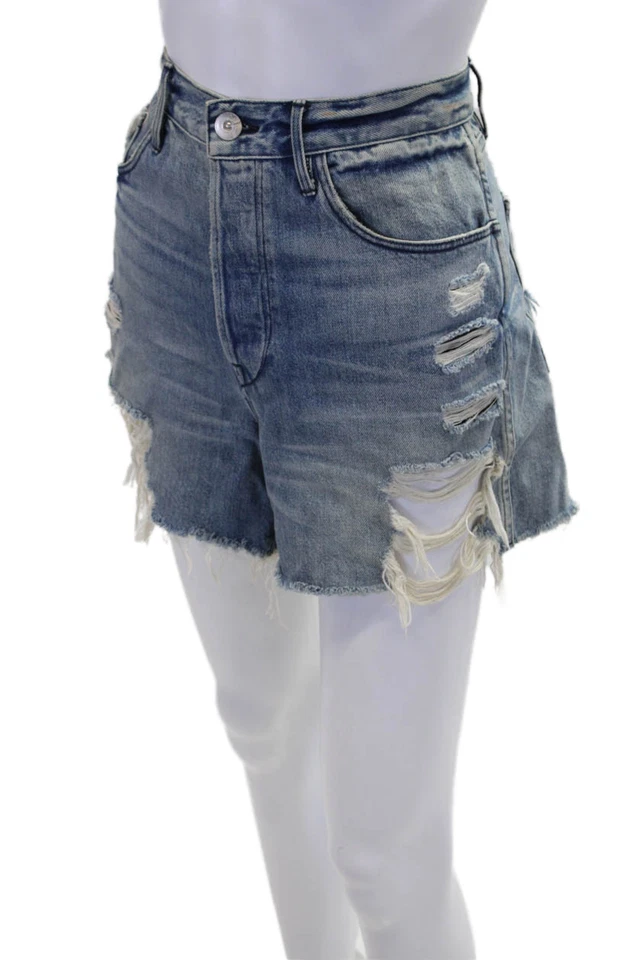 Pantalones cortos de mezclilla 3x1 NYC para mujer algodón detalle envejecido abotonados azul talla 29 Foto 2 de 4