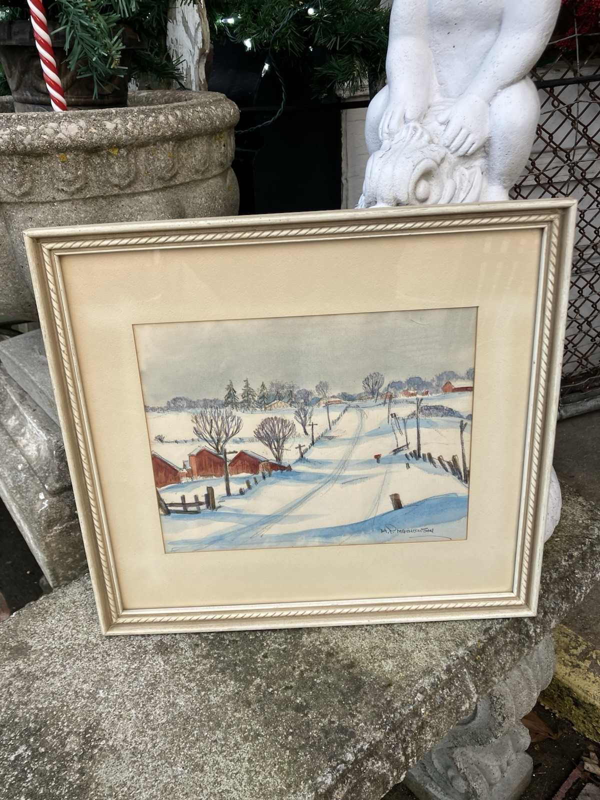 M. P. Mathewson  New York Artist Landscape Painting Watercolor Winter Scene