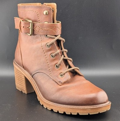 Zodiac Gemma Block Heel Lace Up Combat Boots Brown Leather Women's Size 9.5 US