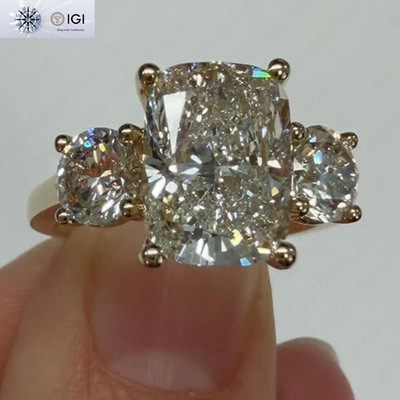 IGI 4.50Tcw Cushion & Round Lab Grown Diamond Three Stone Ring 14K Yellow Gold