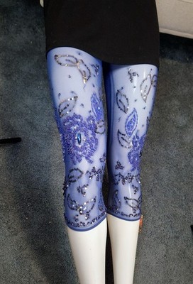 Gorgeous Denim Blue stretch mesh, hand beaded Leggings Capri, Hi Qlty.  Sz M NWT