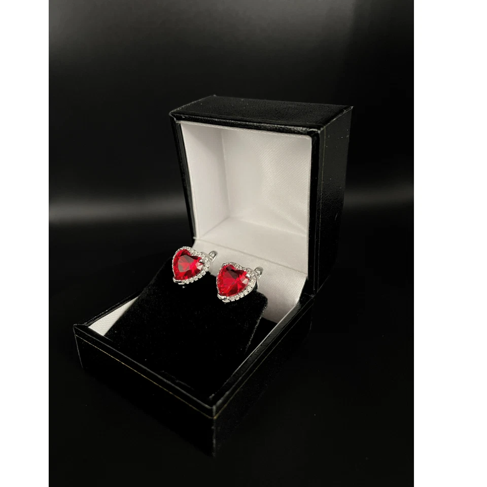 WHITE GOLD FINISH Red Ruby Created Diamond Heart Cut Droplet Earrings - Image 3 of 4