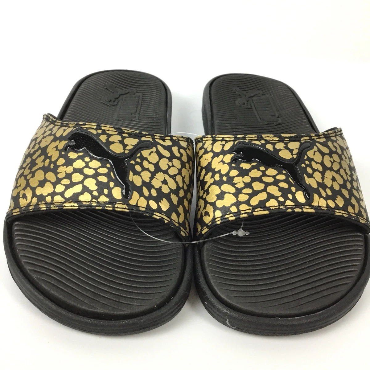 Puma Womens Slides Shoes Animal Print Gold Black Metallic Sandals Slip On Sz 5