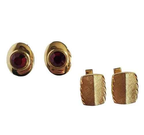 2 paia gemelli uomo vintage metallo tono oro ovale e vetro rosso e tratteggio massiccio