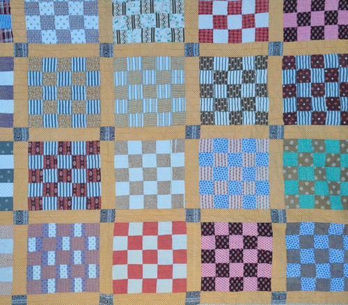Antique 82"x89" Hand Sewn Early Calico Fabric 25 Patch Work Quilt Red Browns