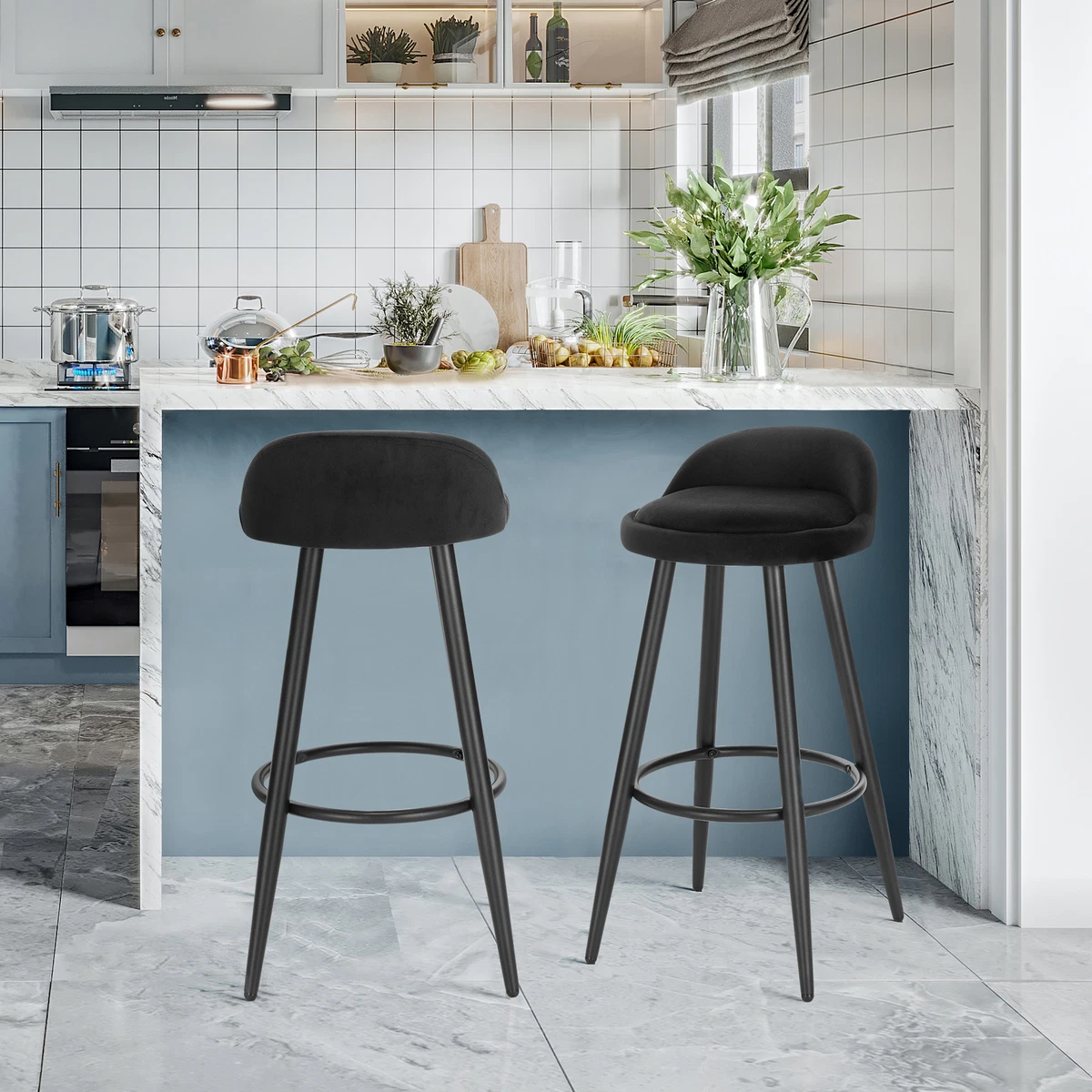 1 2x Breakfast Bar Stool Velvet Padded High Counter Chair Barstool with Backrest