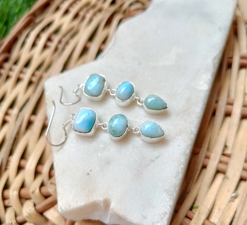 Larimar Oval Stone Earring, Larimar Silver Earring, 925 Sterling Silver Earring - Picture 2 of 4
