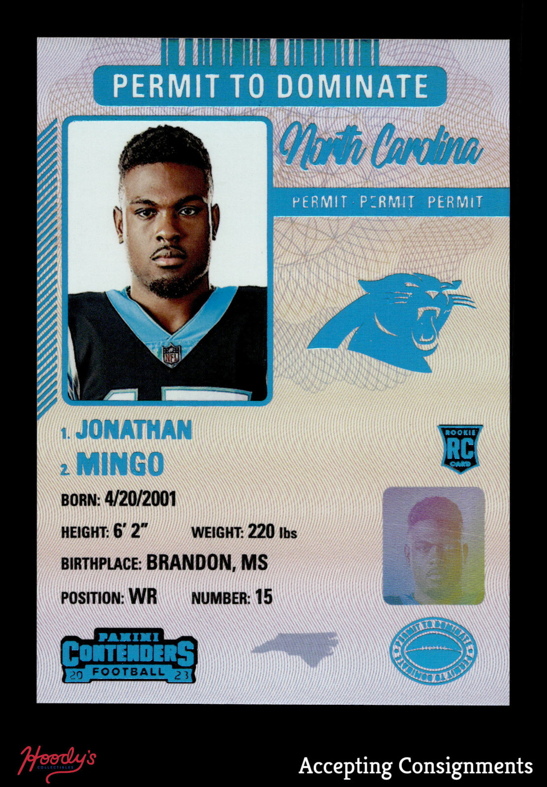 2023 Panini Contenders Permit to Dominate #20 Jonathan Mingo RC ROOKIE PANTHERS