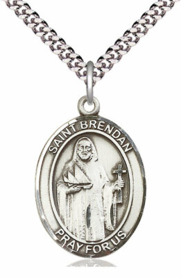 St. Brendan the Navigator Medal 1'' Fine Sterling, 24'' Rhodium Plate Clasp Chain