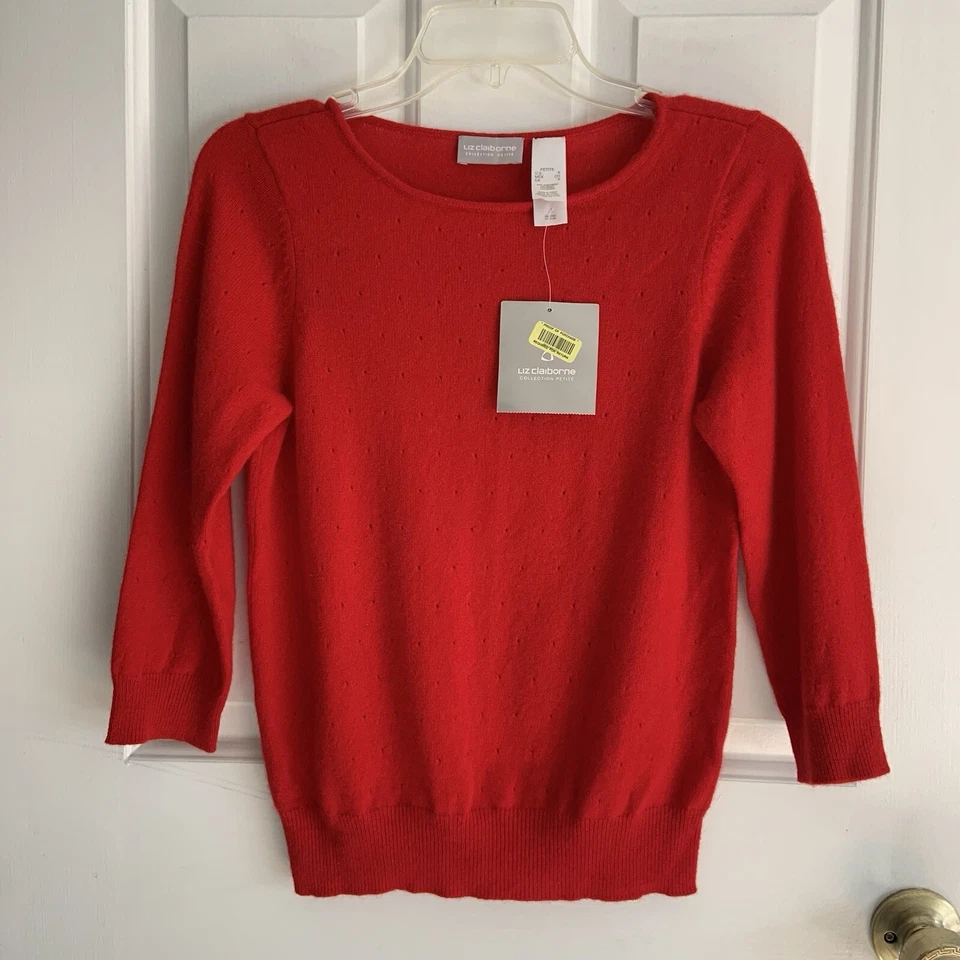 NEW Liz Claiborne Red Cashmere Sweater 3/4 sleeve perforated knit petite sz SP - Image 4 of 4