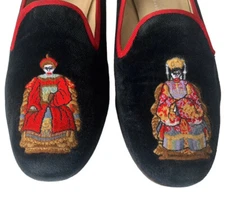 Stubbs and Wootton Slippers Shoes Womens 65 Black Red Trim Velvet Loafer G2U