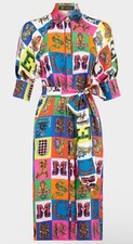 VERSACE Elbow-Sleeve Letter Pop-Print Belted Mid-Calf Dress Alphabet Print Sz 46