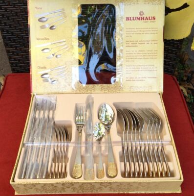 BEAUTIFUL SET from Blumhaus 1969 Satin&Gold Stainless Dinner, Cutlery Set For 6