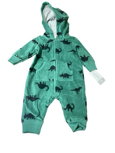 CARTER'S Baby Boy Size 3 Months Hooded Dinosaur-Print Fleece Coverall Retail $20