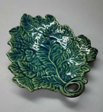 Rowe Pottery Works Blue Over Clay Painted Leaf Trinket Tray 8" 