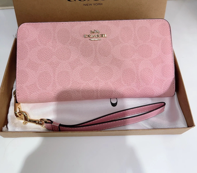 NEW COACH Long Zip Around Wallet In Signature Canvas Powder Pink