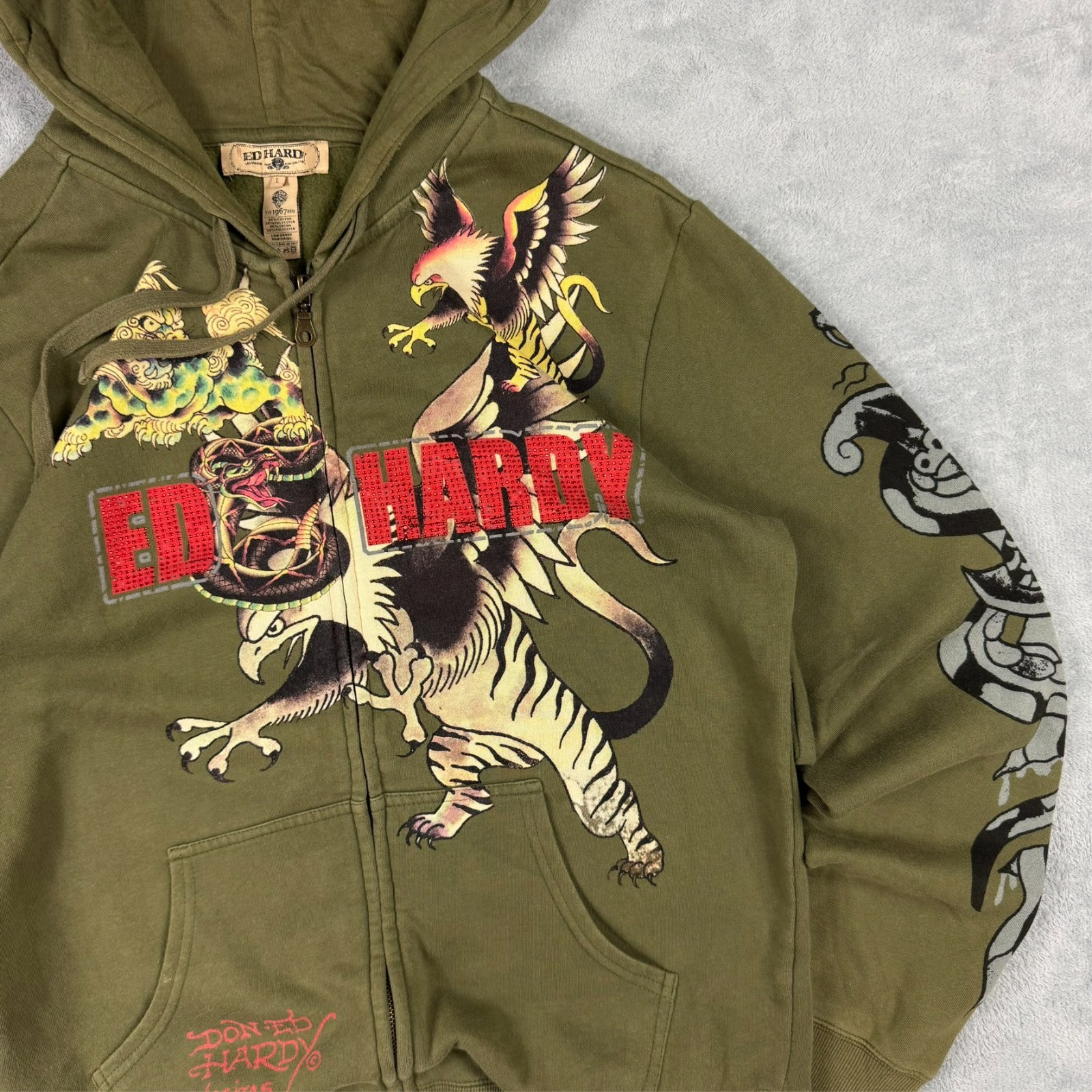 Vintage Ed Hardy 2000's Y2K Khaki Snake Griffin Studded Oversized Lrg Zip Hoodie image 4