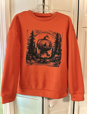 Orange Crewneck Halloween Pumpkin Graphic Pullover Sweatshirt Sweater Women  s L