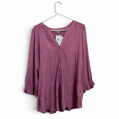 Democracy Top Womens Size 1X Pink Button Up Long Sleeve Embroidered Stretch NWT - Image 1 of 4