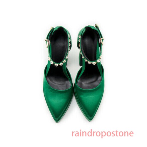 Womens Satin Pointy Toe Ankle Strap Platform Block Heel Sandals Shoes Party - Picture 12 of 20