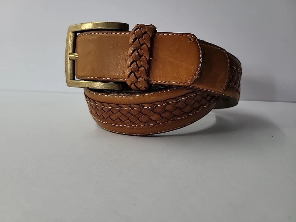 Tommy Bahama Leather Belt Brown Braided Size 42 Gold Tone Hardware Work - Image 2 of 4