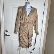 PrettyLittleThing Women's Ruched Deep Plunge Blazer Dress Beige NEW ~ Size 4