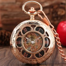RoseGold Mechanical Pocket Watch Skeleton Half Hunter Case with Fob Chain Gift