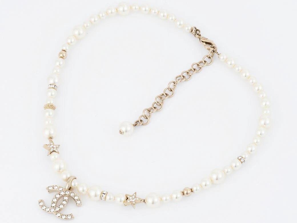 Collana Chanel perle girocollo pietra marchio cocco strass perle oro chiaro donna