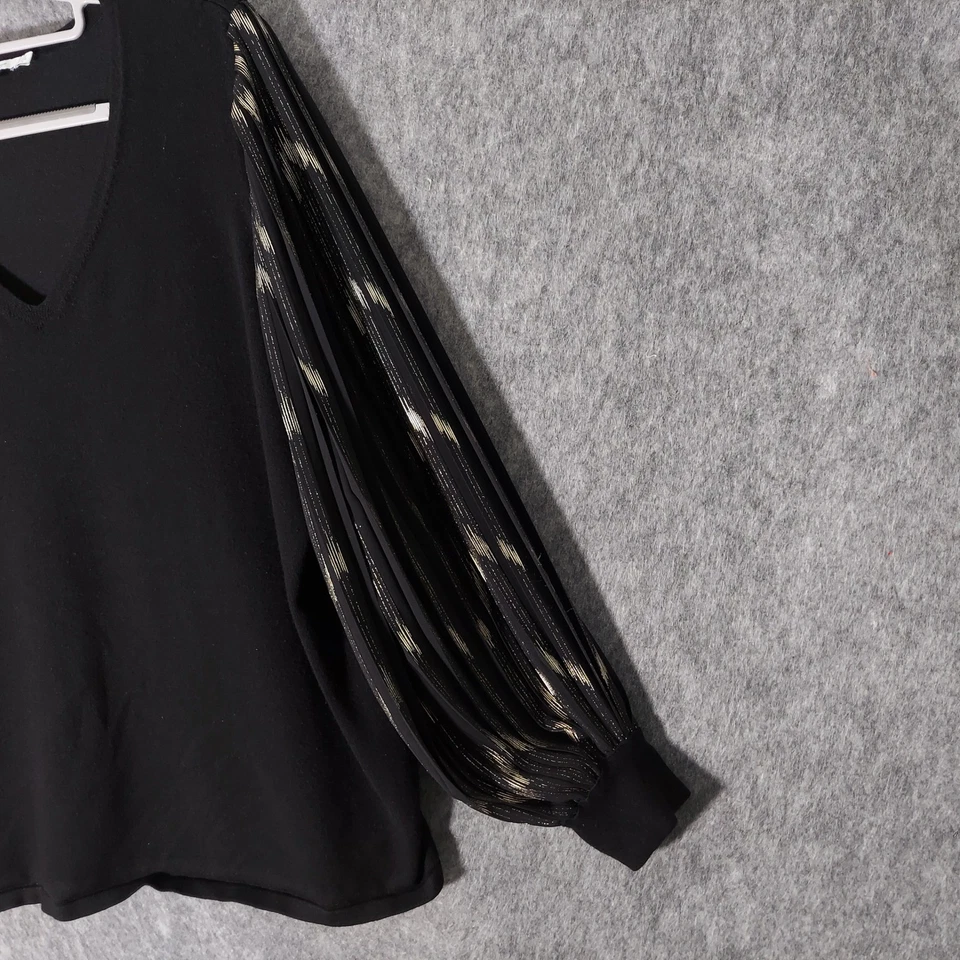 Chicos Tunic 2 Large Black V Neck Sweater Knit Metallic Gold balloon Sleeves - Image 3 of 4
