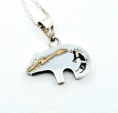 Sterling Silber Navajo Bär Anhänger Gold Heartline Kokopelli Figur 16'' Kette