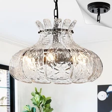 Poemoon Black Glass Chandelier 6-Light Water Ripple Glass Pendant Lighting Lu...